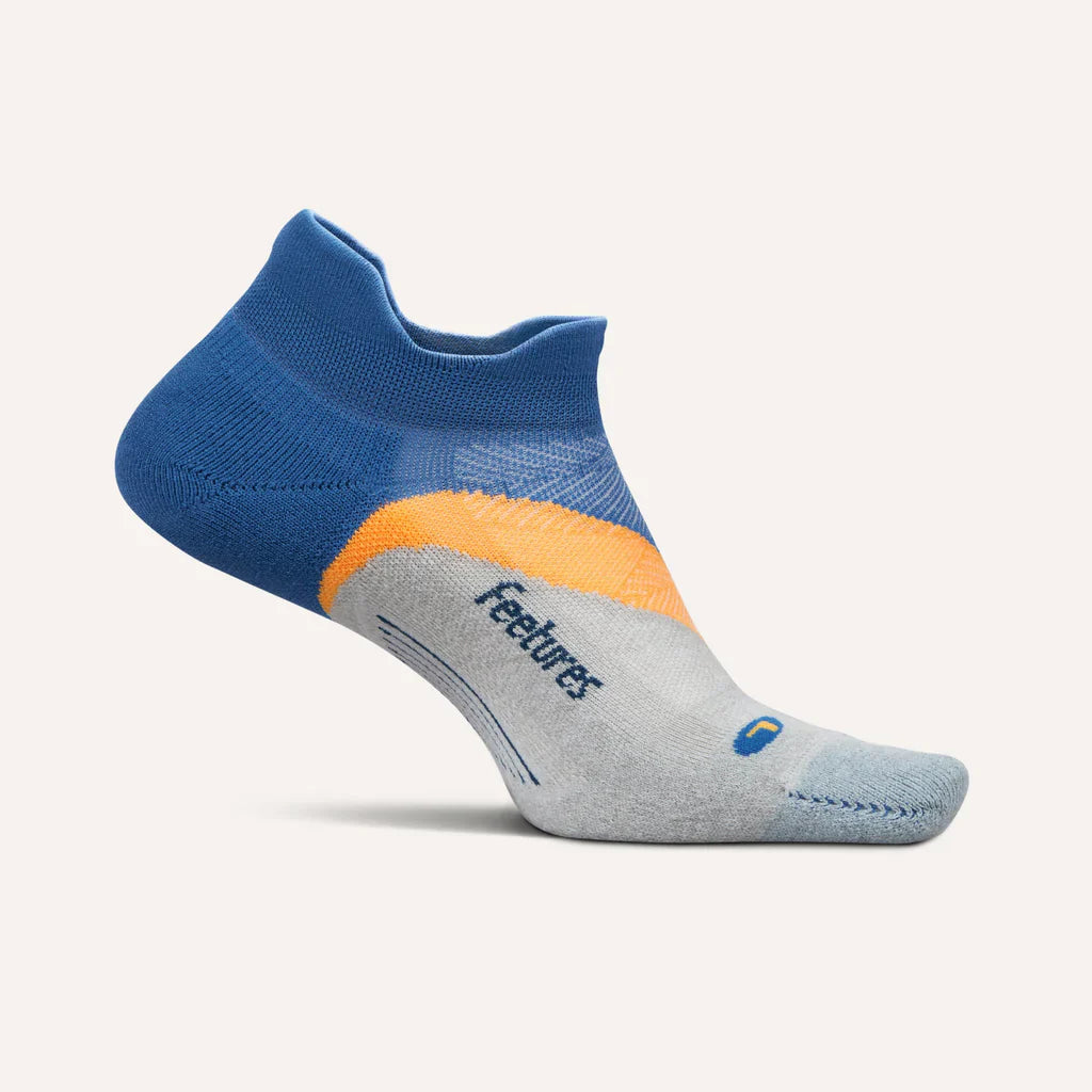 Feetures Elite Light Cushion Tab running sock in tech blue with orange stripe