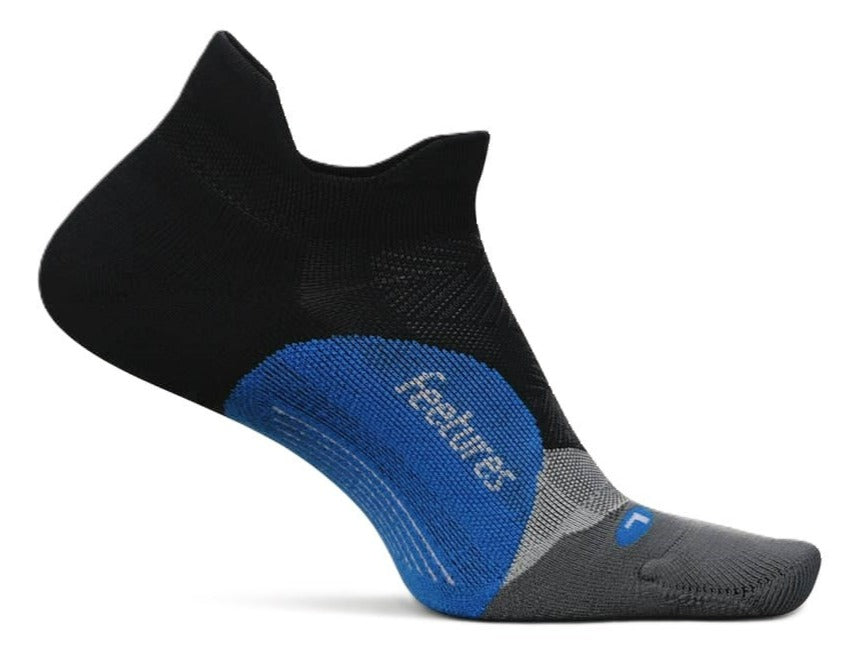 Feetures Elite Light Cushion Tab sock in black with blue heel section