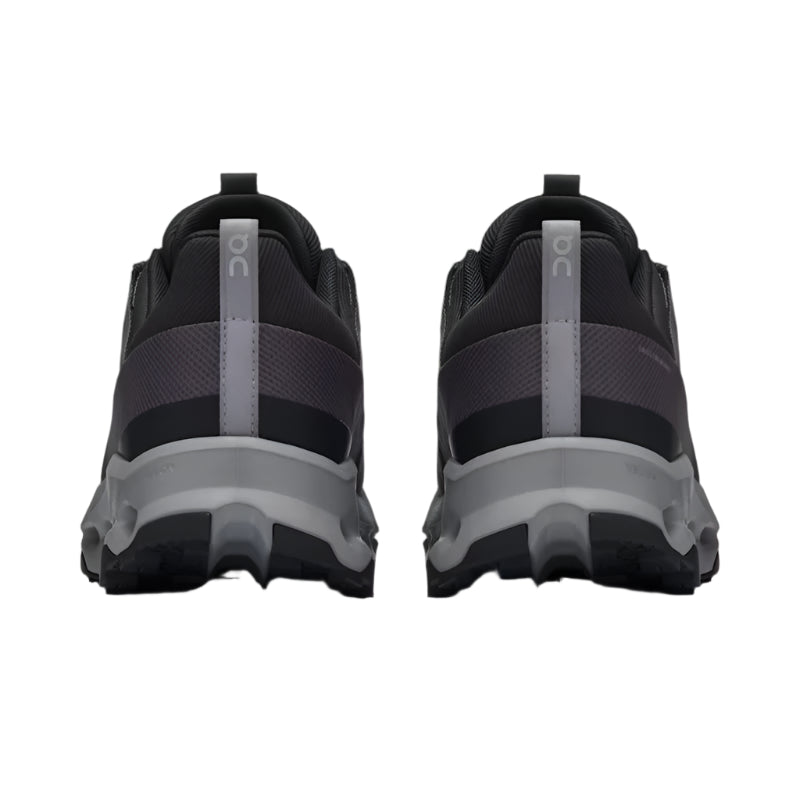 On Cloudhorizon running shoes in black and alloy colorway, rear view showing heel design