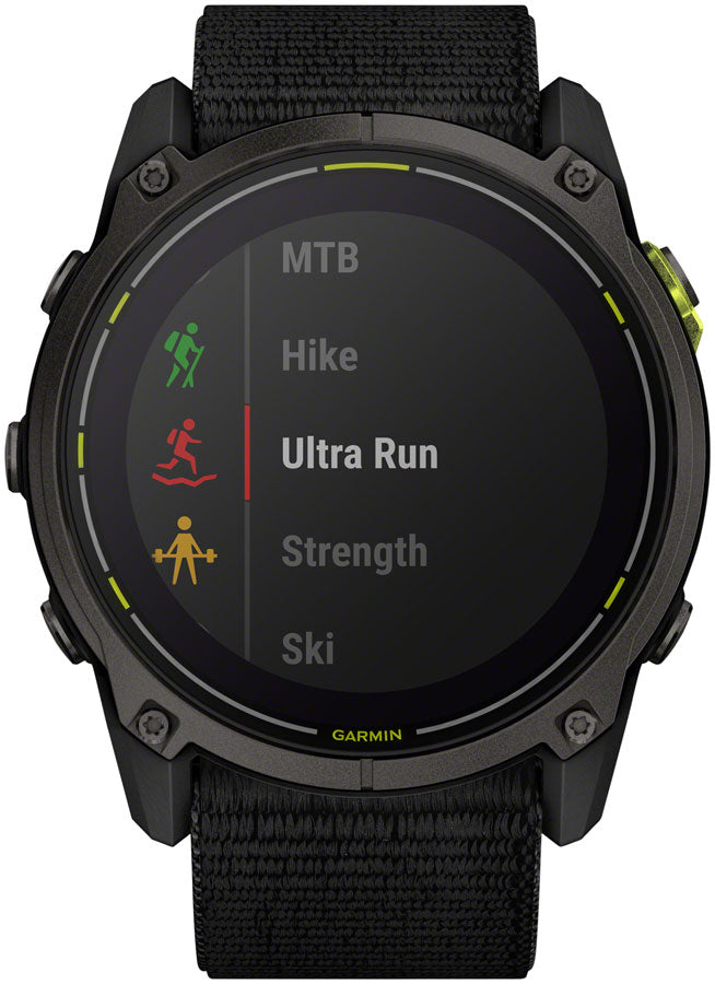 Garmin Enduro 3 smartwatch with black case and band showing activity menu