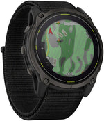Garmin Enduro 3 GPS watch with black case and nylon strap displaying topographic map