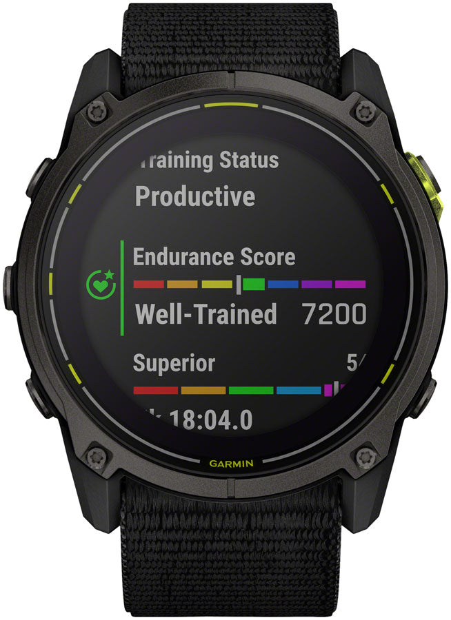 Garmin Enduro 3 smartwatch with black case and band showing training status display