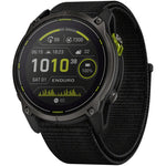 Garmin Enduro smartwatch with black case and nylon strap showing fitness display