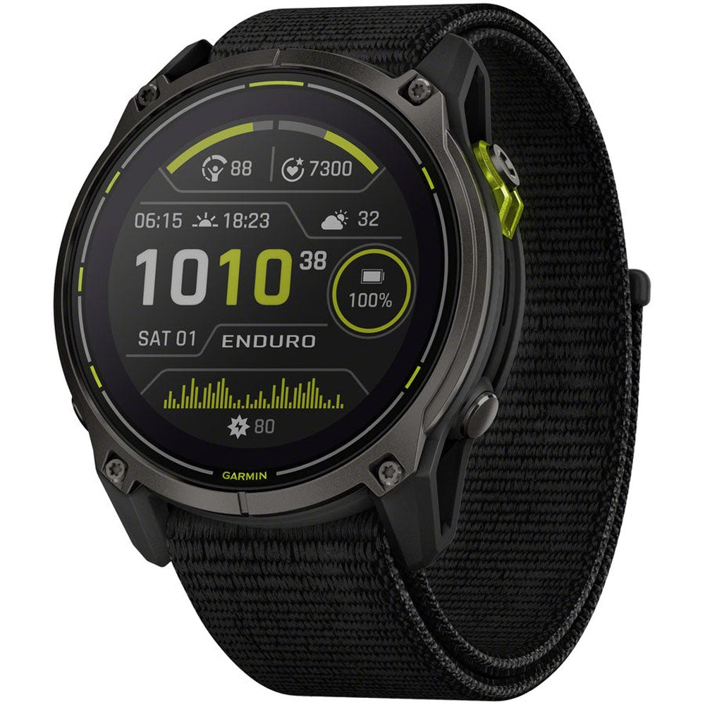 Garmin Enduro smartwatch with black case and nylon strap showing fitness display