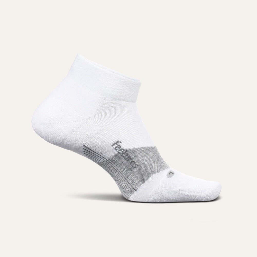 Feetures Elite Max Cushion low cut running sock in white with gray accents