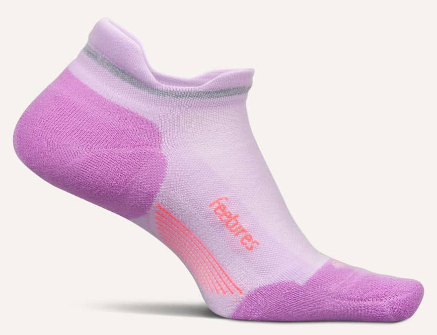 Feetures Elite Max Cushion Tab sock in lavender purple with coral accents