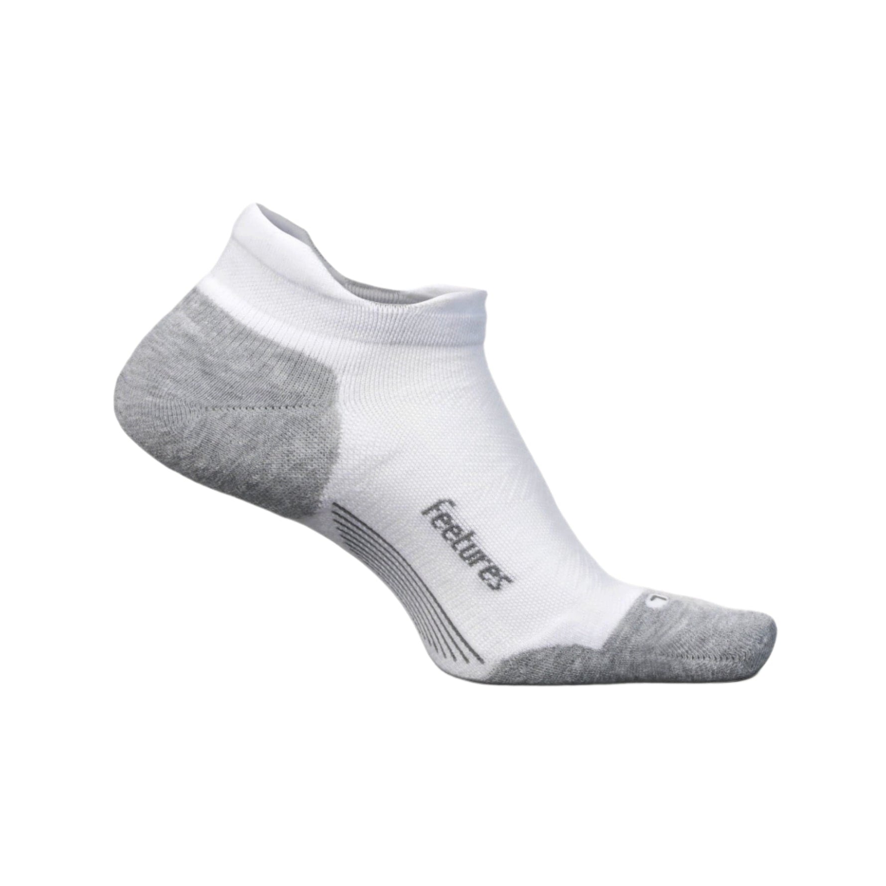 Feetures Elite Max Cushion No-Show Tab sock in white and gray colorway