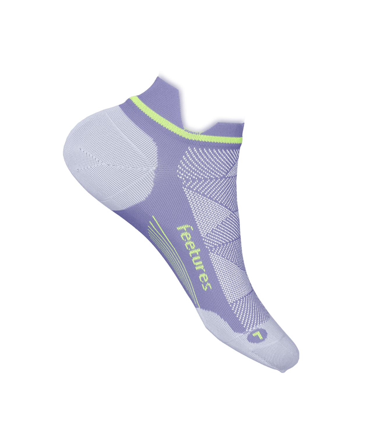 Feetures Elite Max Cushion Tab running sock in lavender purple with green accents
