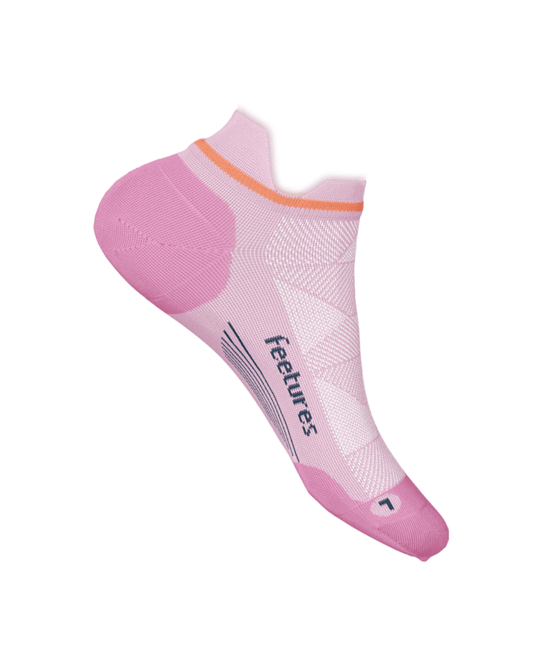 Feetures Elite Max Cushion Tab running sock in lavender pink with orange stripe