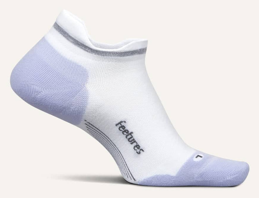 Feetures Elite Max Cushion Tab sock in white with lavender purple accents
