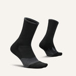 Pair of black Feetures Trail Max Cushion Mini Crew socks on clean background