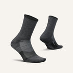 Feetures Trail Max Cushion Mini Crew socks in charcoal gray with geometric patterns