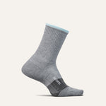 Gray Feetures Trail Max Cushion Mini Crew sock with light blue cuff