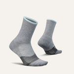 Feetures Trail Max Cushion Mini Crew socks in charcoal gray with blue trim