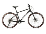 Eagle Bicycles Eagle 700 Hybrid black bike with suspension fork and tan sidewall tires, side profile view