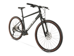 Eagle Bicycles Eagle 700 Hybrid black bike with suspension fork, three-quarter front angle view with tan tires