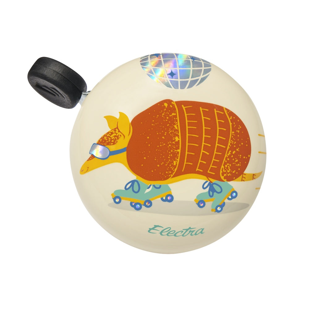 Electra Armadisco bike bell featuring orange armadillo on roller skates with disco ball