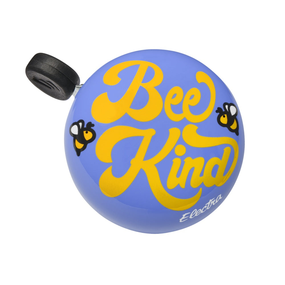 Electra bike bell with purple background, yellow 'Bee Kind' text and bee illustrations