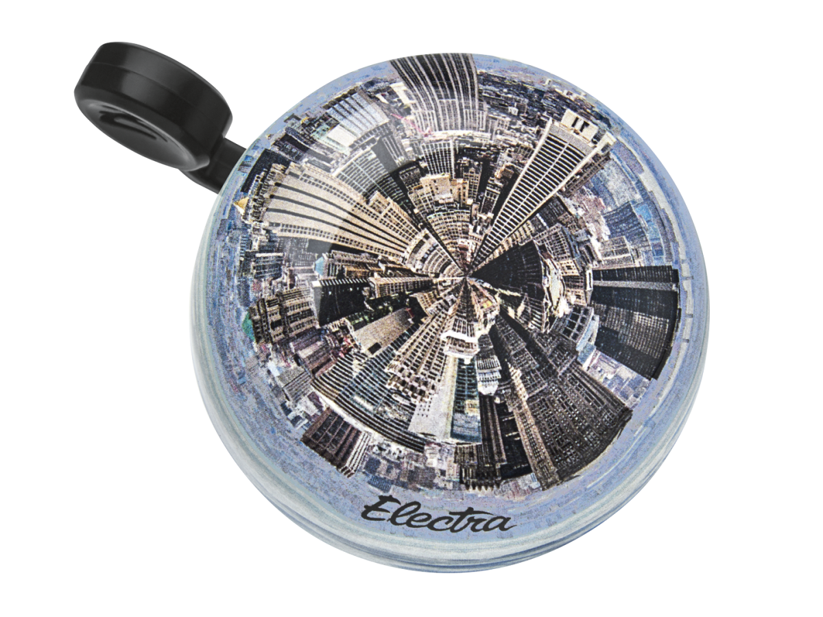 Electra bicycle bell with circular city skyline panoramic pattern and black striker