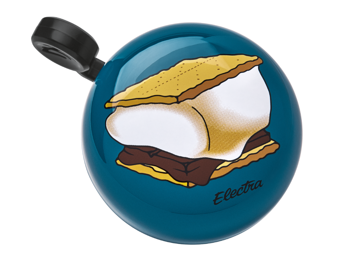 Electra bicycle bell in teal blue featuring s'mores graham cracker marshmallow design
