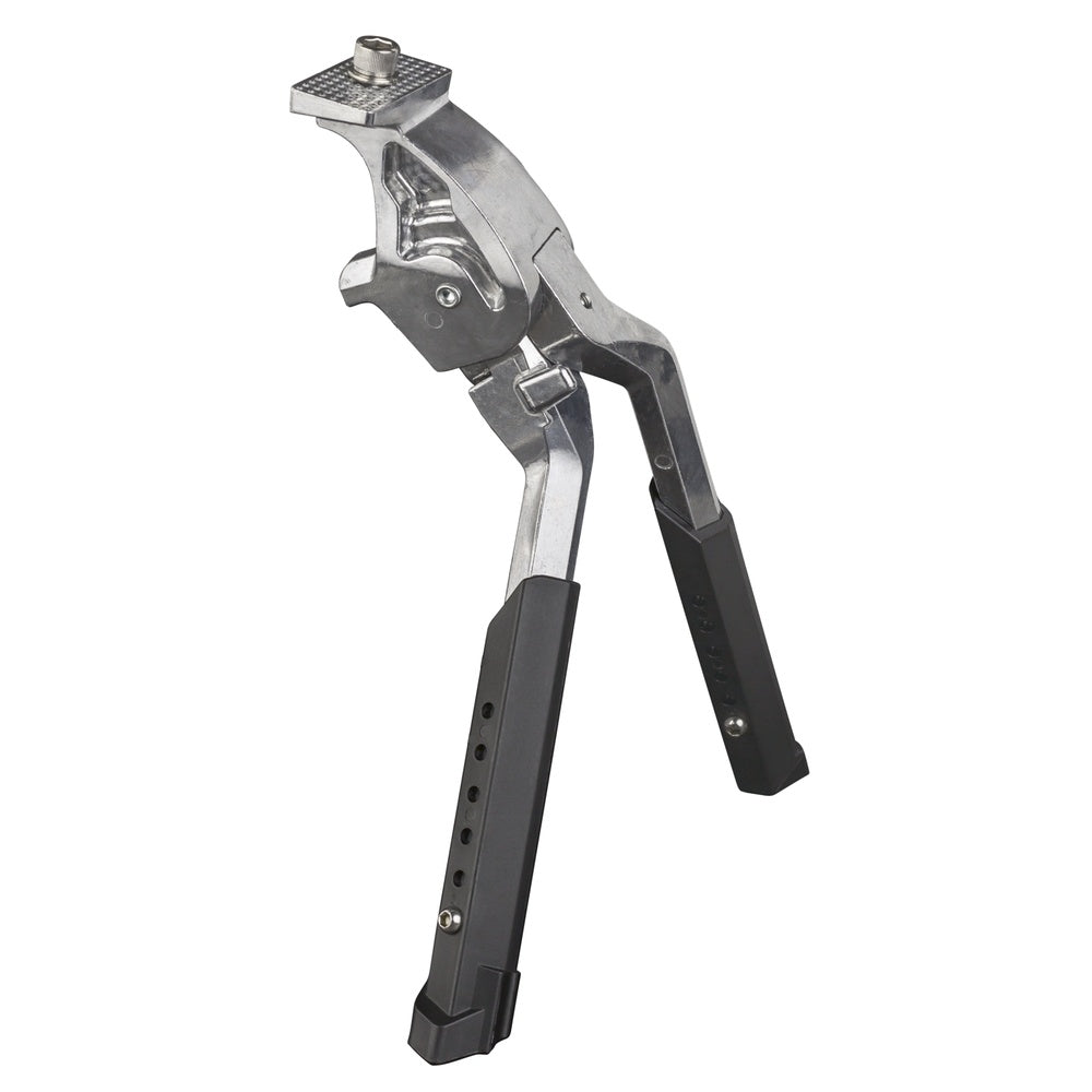 Silver adjustable dual leg bicycle kickstand with black legs and mounting plate