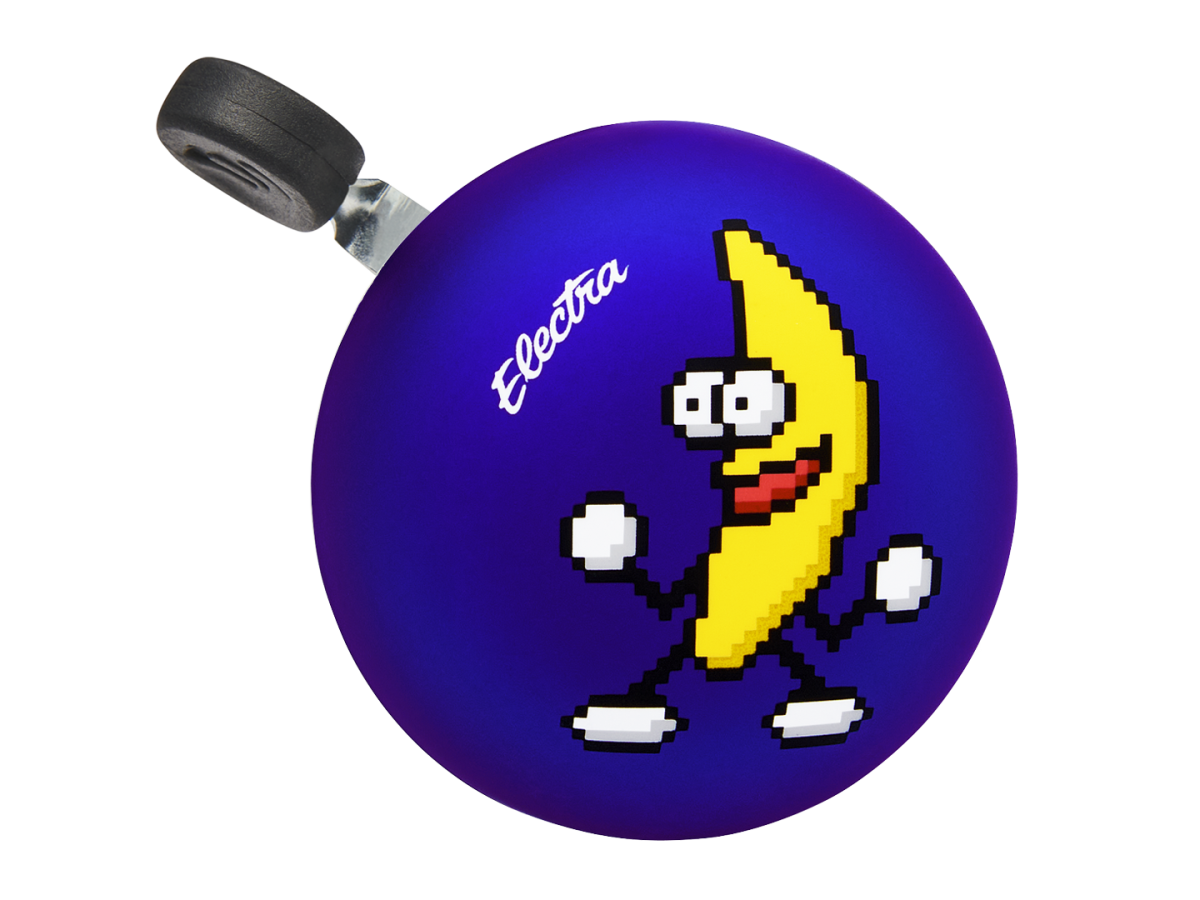 Electra bicycle bell with purple background and yellow pixelated banana character design
