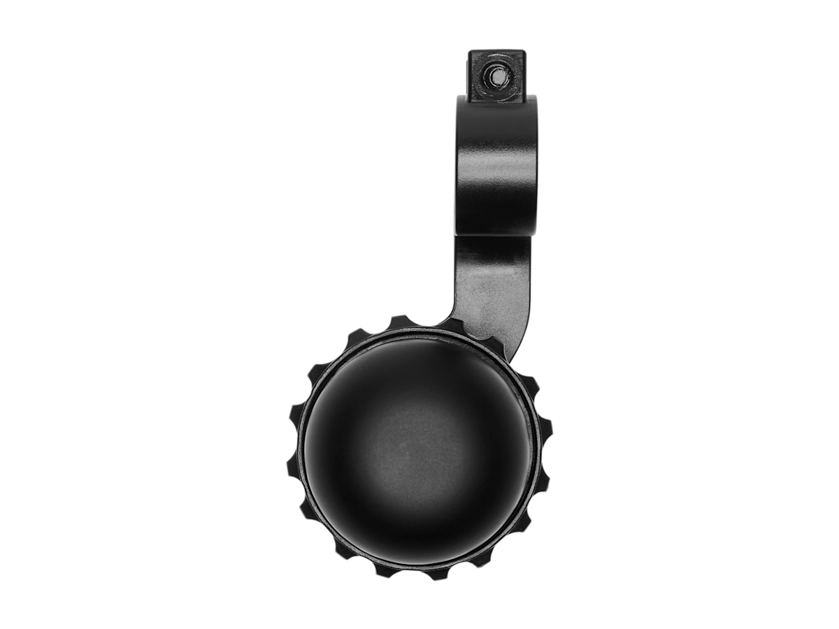 Black Electra bicycle bell with decorative scalloped edge and mounting bracket