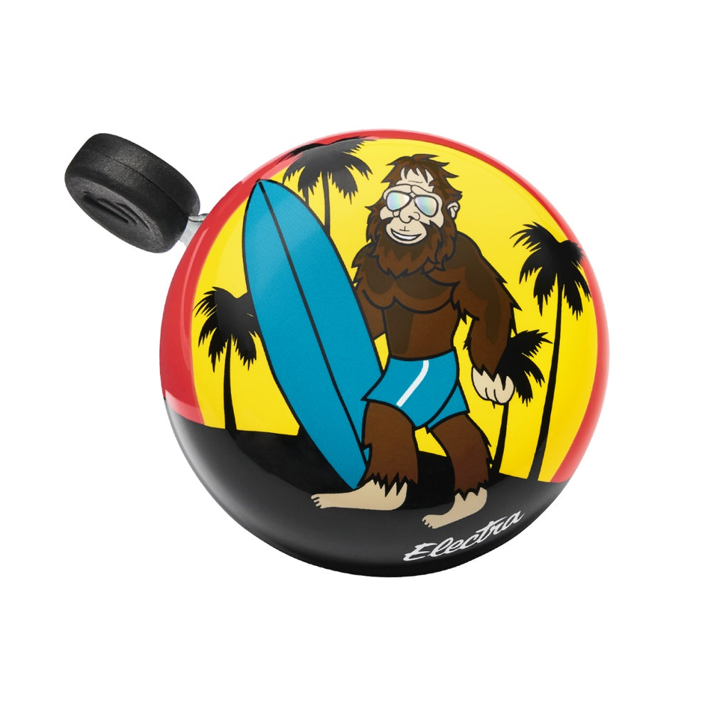 Electra Domed Ringer bike bell featuring Surfsquatch Bigfoot holding a blue surfboard