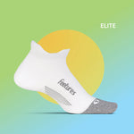 White Feetures Elite low-cut running sock with gray accents on colorful gradient background