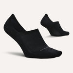 Feetures Elite Light Cushion Invisible no-show socks in black, pair shown from side and back