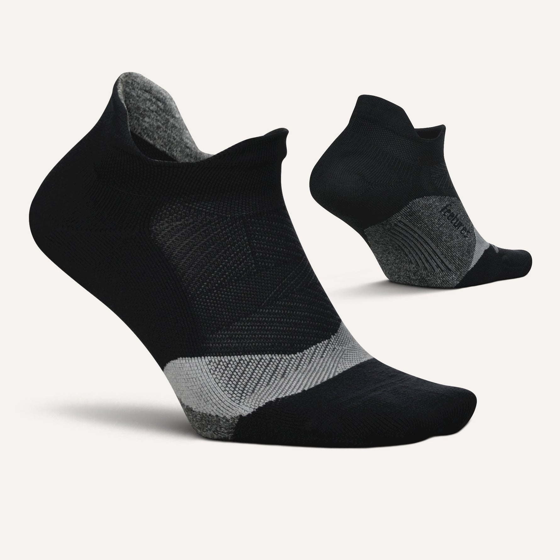 Feetures Elite Light Cushion Tab running socks in black with gray mesh panels