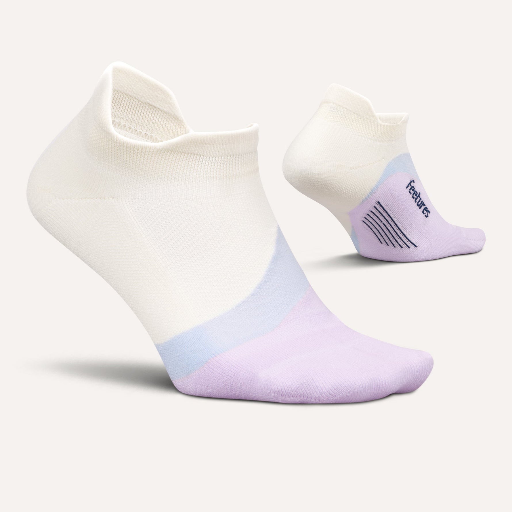 Feetures Elite Light Cushion Tab socks in white with purple gradient pattern