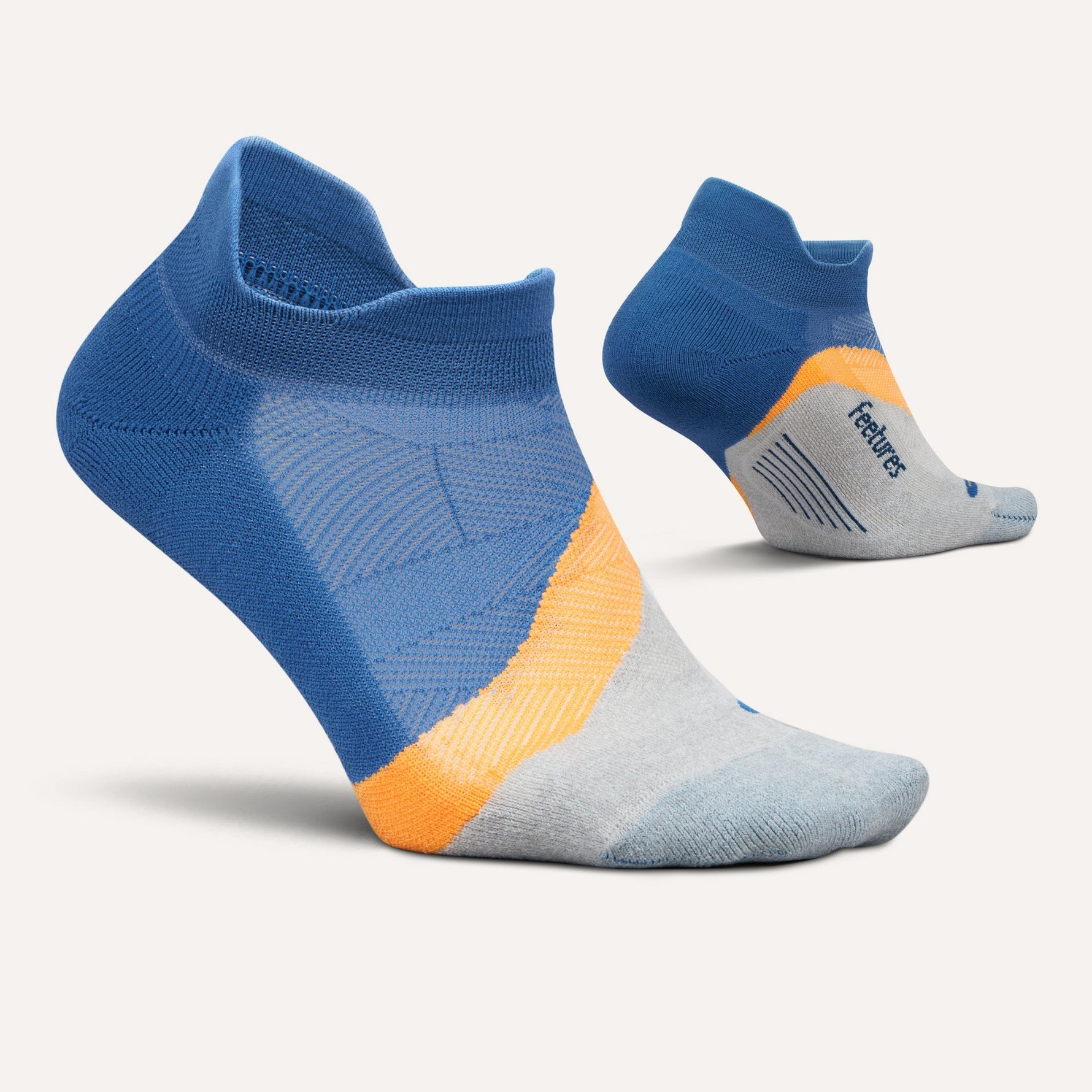 Feetures Elite Light Cushion Tab running socks in blue with orange and gray