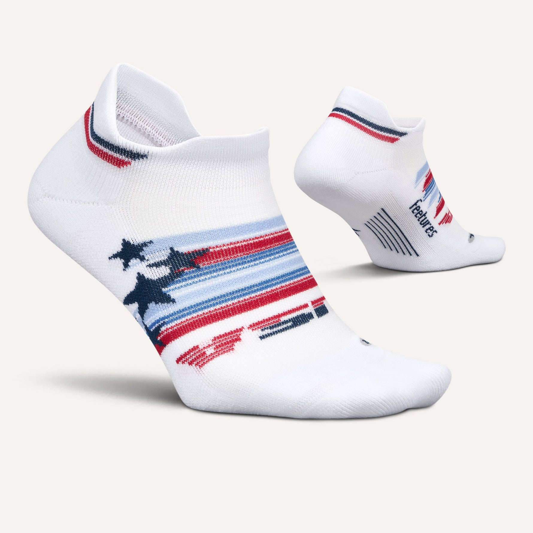 Feetures Elite Light Cushion Tab socks in white with patriotic flag design