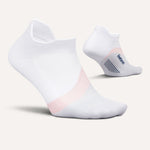 Feetures Elite Light Cushion Tab socks in white with pink accents on clean background