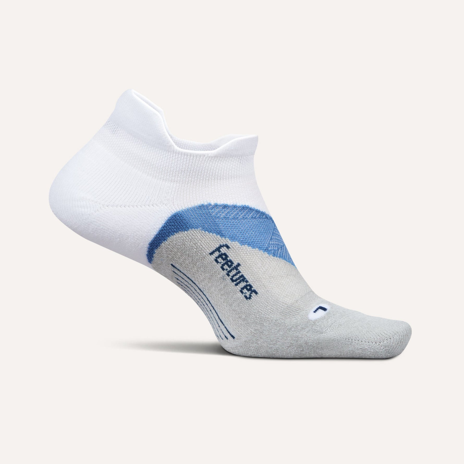 Feetures Elite Light Cushion Tab running sock in white with blue accent