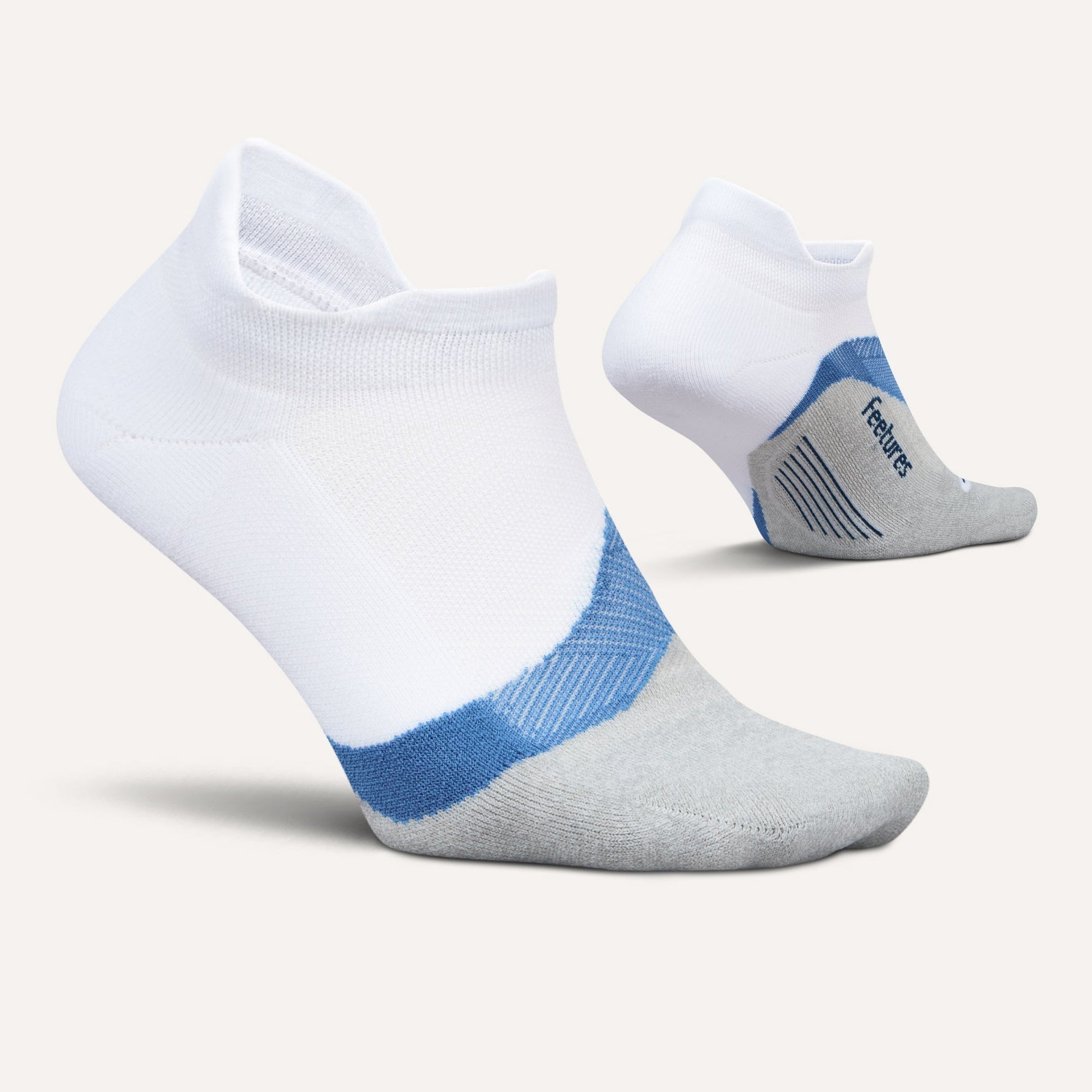Feetures Elite Light Cushion Tab socks in white with blue accents