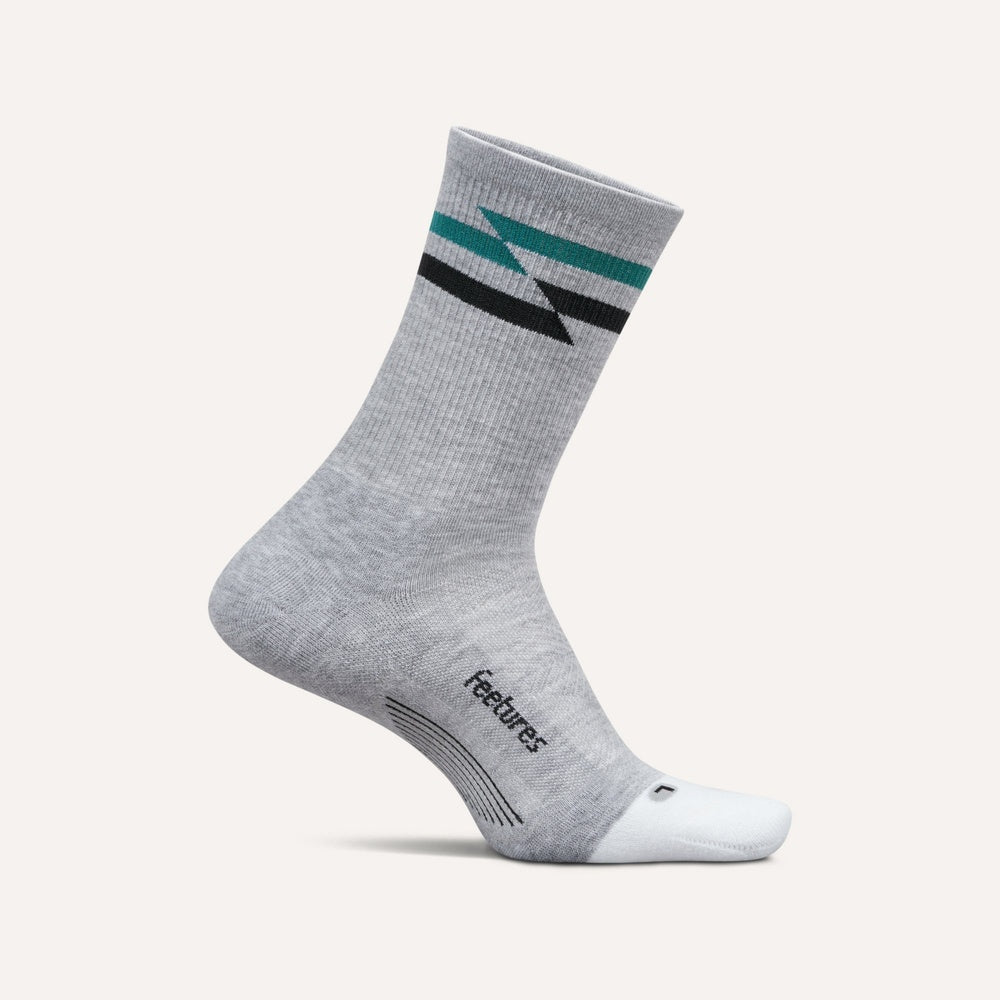 Feetures Elite Max Cushion mini crew sock in gray with teal and black stripes