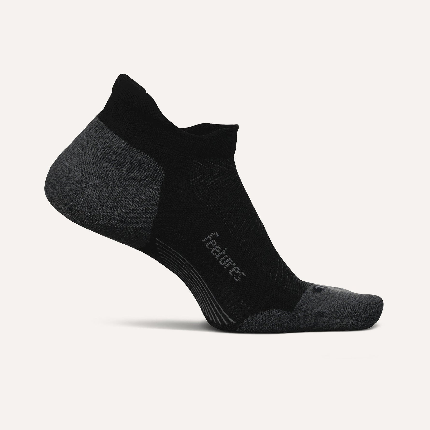 Feetures Elite Max Cushion no-show running sock in black and grey