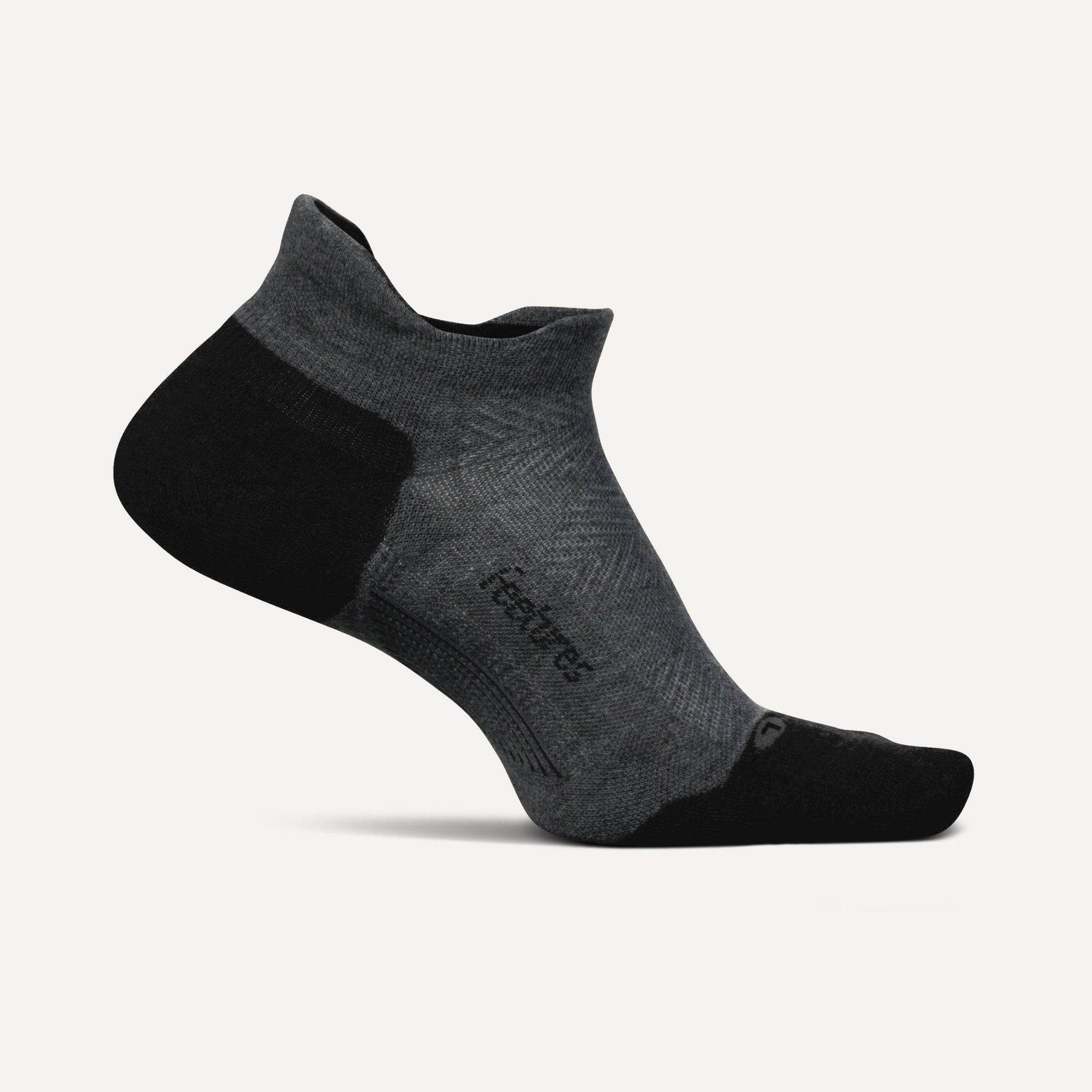 Feetures Elite Max Cushion Tab running sock in charcoal gray with black accents