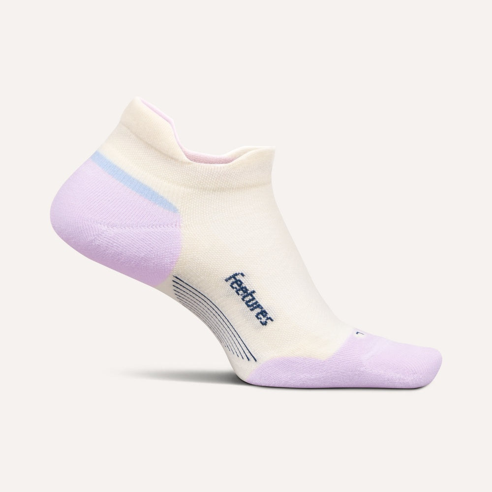 Feetures Elite Max Cushion Tab ankle sock in white with purple accents