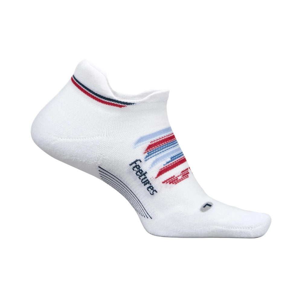 Feetures Elite Max Cushion Tab sock in white with red and blue stripe detail