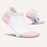Feetures Elite Max Cushion Tab socks in white with pink heel and toe