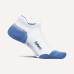 Feetures Elite Max Cushion Tab athletic sock in white with blue accents