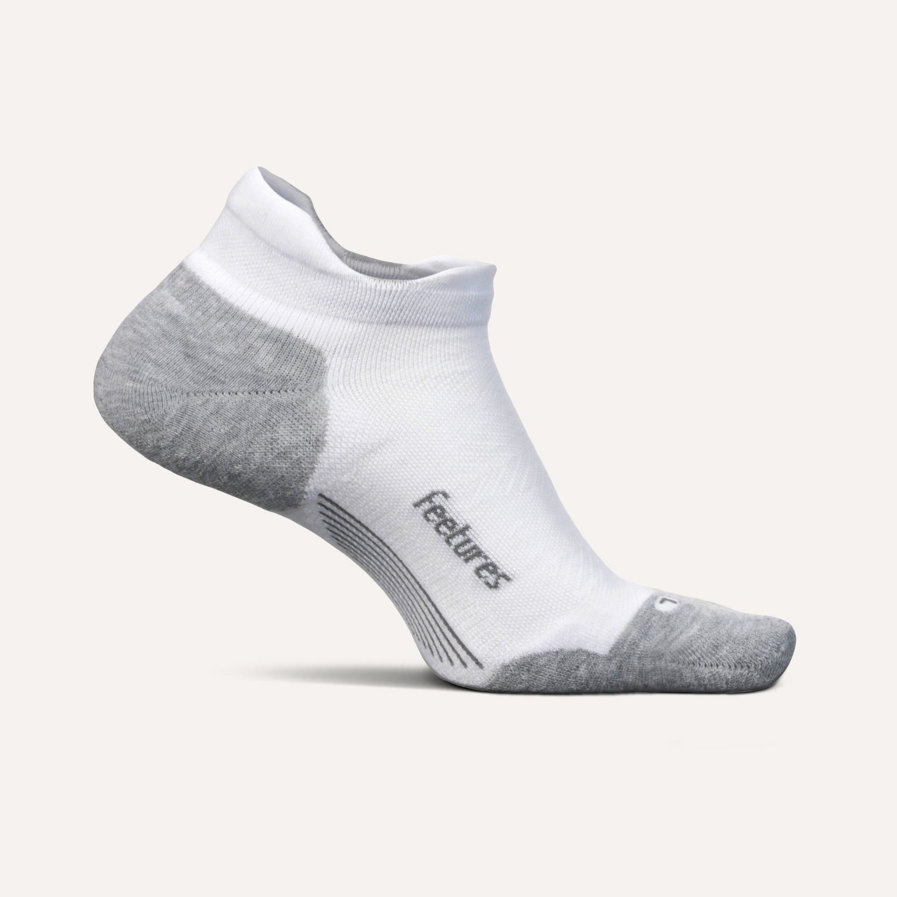 Feetures Elite Max Cushion Tab athletic sock in white with grey accents