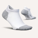 Feetures Elite Max Cushion Tab socks in white and grey colorway