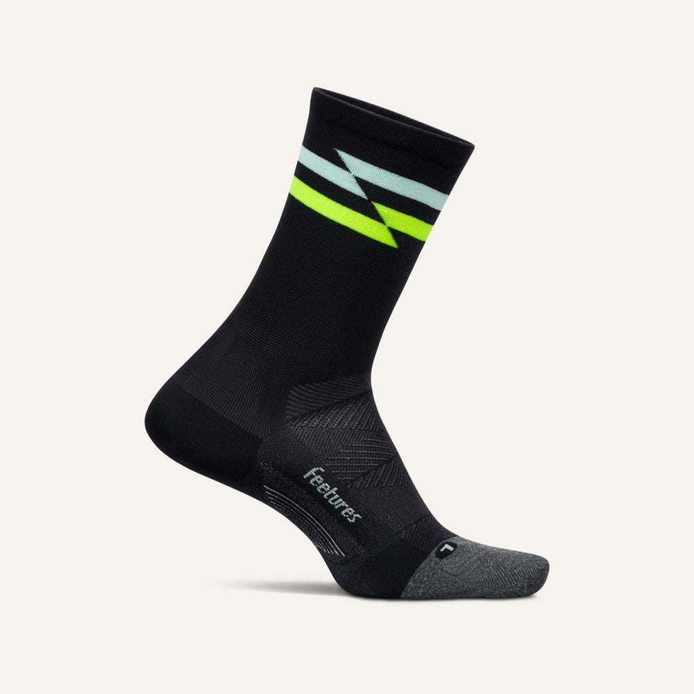Feetures Elite Ultra Light Mini Crew sock in black with neon yellow and mint stripes