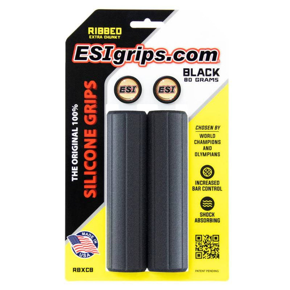ESI Ribbed Extra Chunky black silicone bicycle grips with end plugs in retail packaging