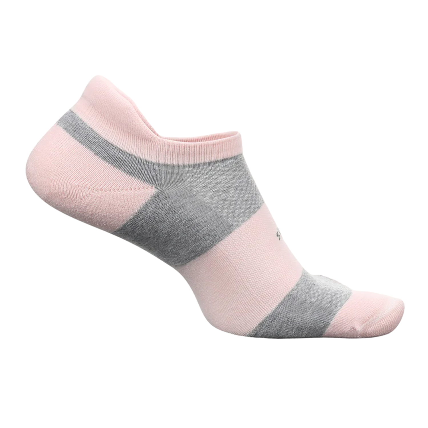 Feetures pink and gray no-show performance sock with tab heel