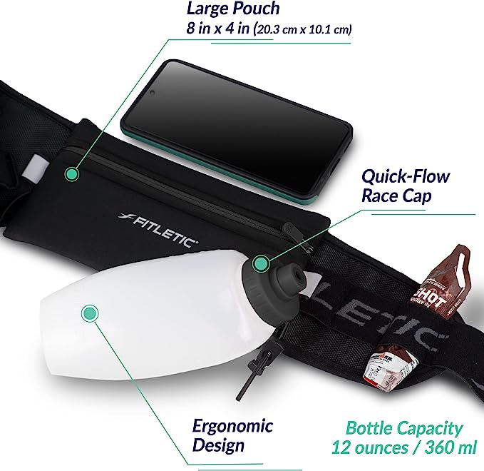Fitletic running belt with 12oz water bottle, large pouch dimensions and quick-flow race cap labeled
